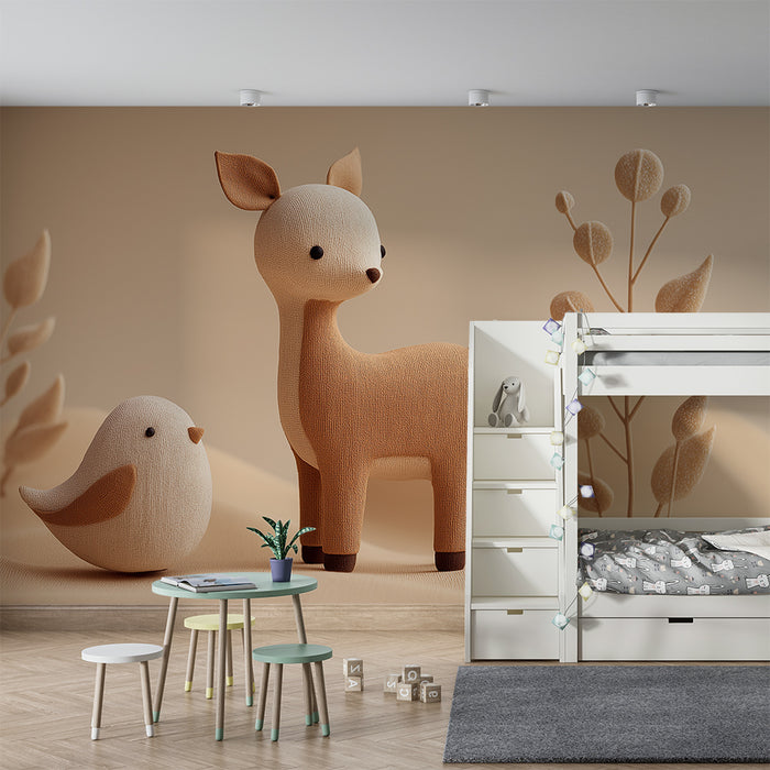 Nursery room wallpaper | Soft fabric animals a bird and a fawn