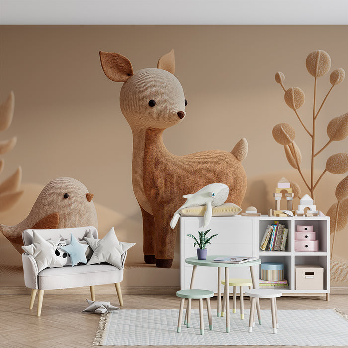 Nursery room wallpaper | Soft fabric animals a bird and a fawn