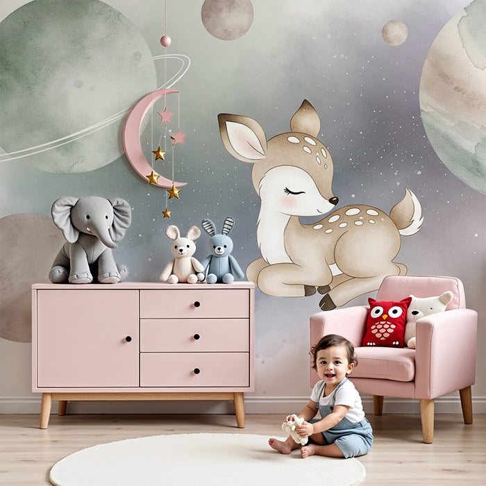 Papier peint chambre bébé | Doux cerf dans un univers spatial