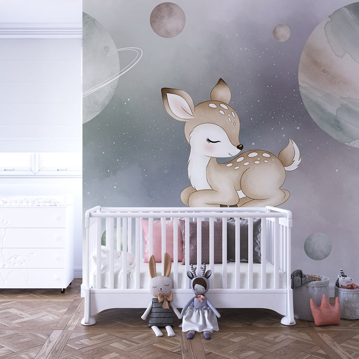 Papier peint chambre bébé | Doux cerf dans un univers spatial