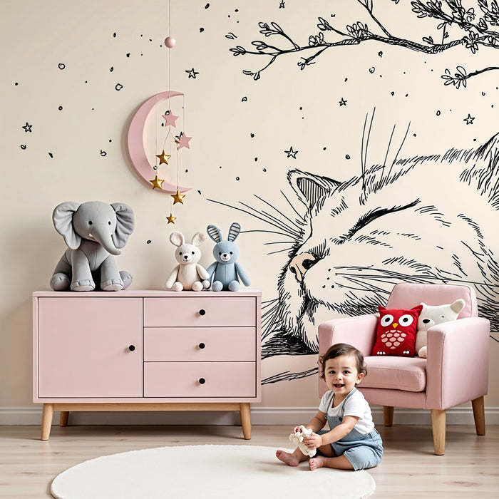 Papel pintado infantil | Dulce gato dormido bajo las estrellas