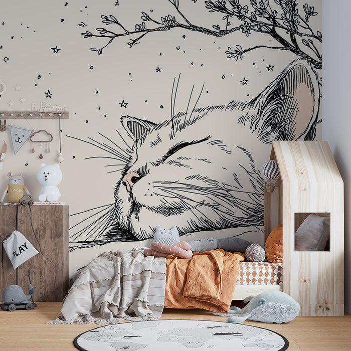 Papel pintado infantil | Dulce gato dormido bajo las estrellas