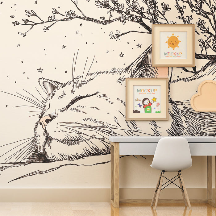 Papel pintado infantil | Dulce gato dormido bajo las estrellas