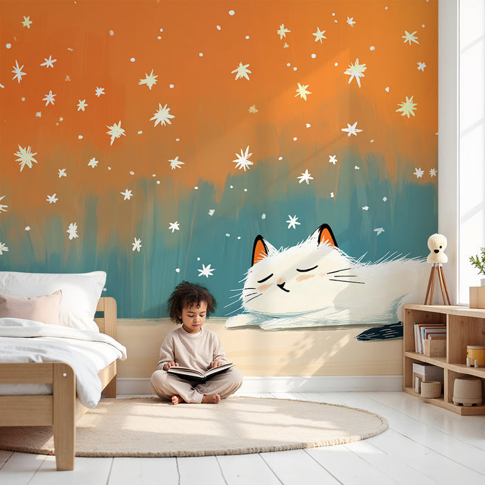 Papel pintado infantil | Dulce gato y cielo estrellado