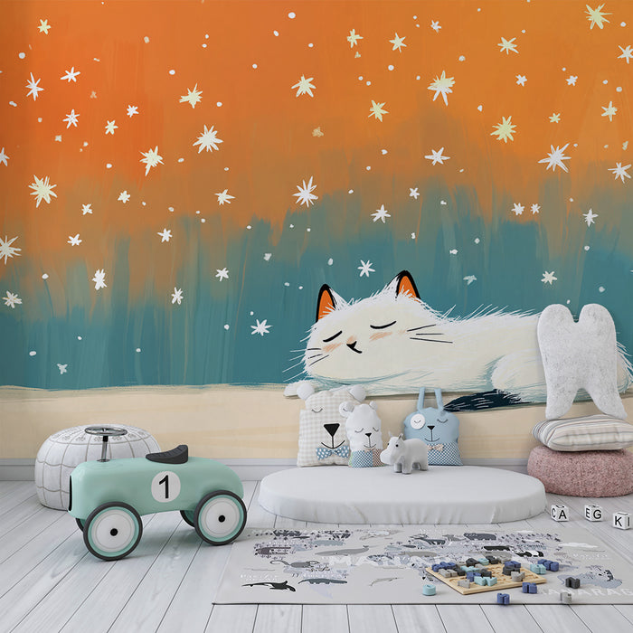 Papel pintado infantil | Dulce gato y cielo estrellado