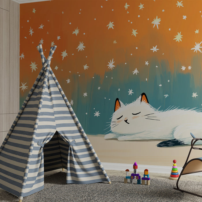Papel pintado infantil | Dulce gato y cielo estrellado