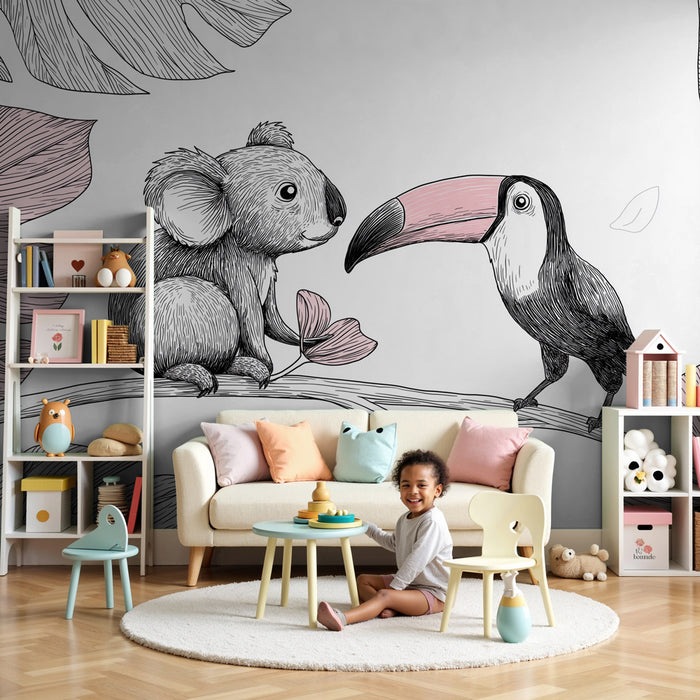 Papier peint chambre bébé | Doux koala et toucan sur une branche
