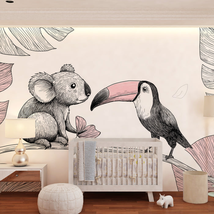 Papier peint chambre bébé | Doux koala et toucan sur une branche