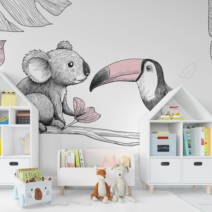 Papier peint chambre bébé | Doux koala et toucan sur une branche