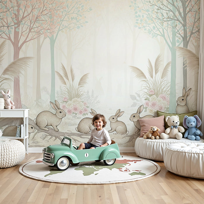 Papier peint chambre bébé | Doux lapins dans une forêt enchantée