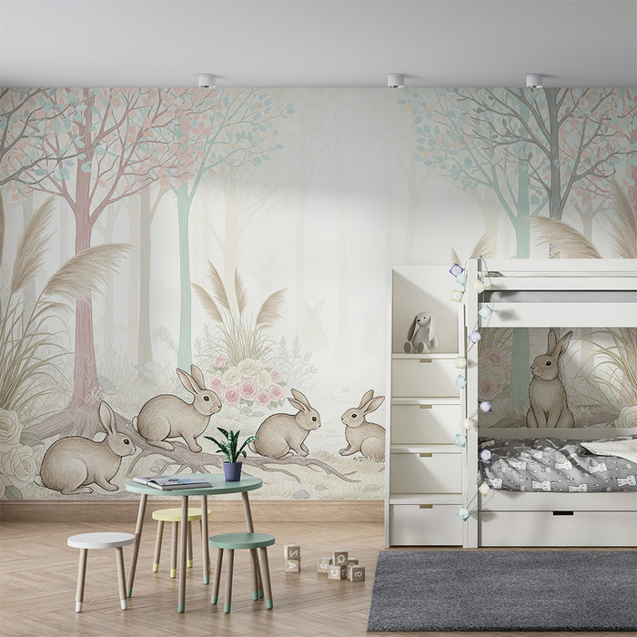 Papier peint chambre bébé | Doux lapins dans une forêt enchantée