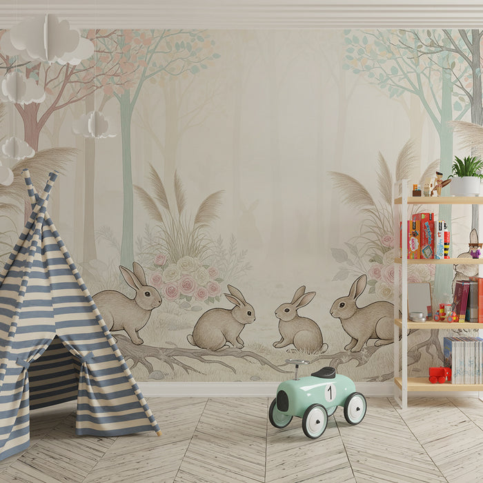 Papier peint chambre bébé | Doux lapins dans une forêt enchantée