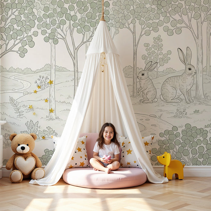 Papier peint chambre bébé | Doux lapins dans une forêt paisible