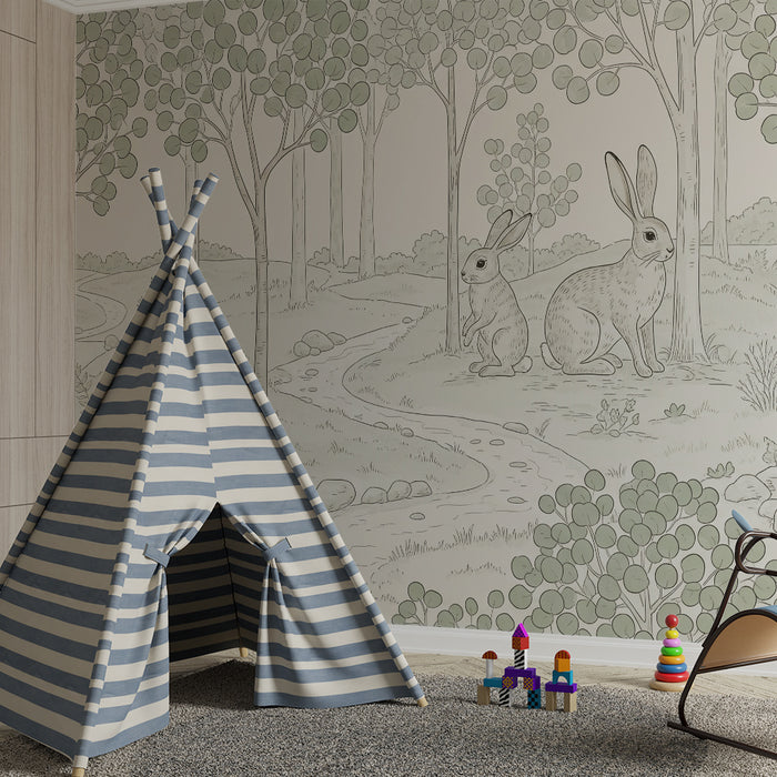 Papier peint chambre bébé | Doux lapins dans une forêt paisible