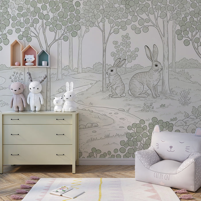 Papier peint chambre bébé | Doux lapins dans une forêt paisible