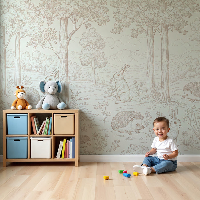 Papier peint chambre bébé | Doux lapins et hérissons dans un paysage naturel