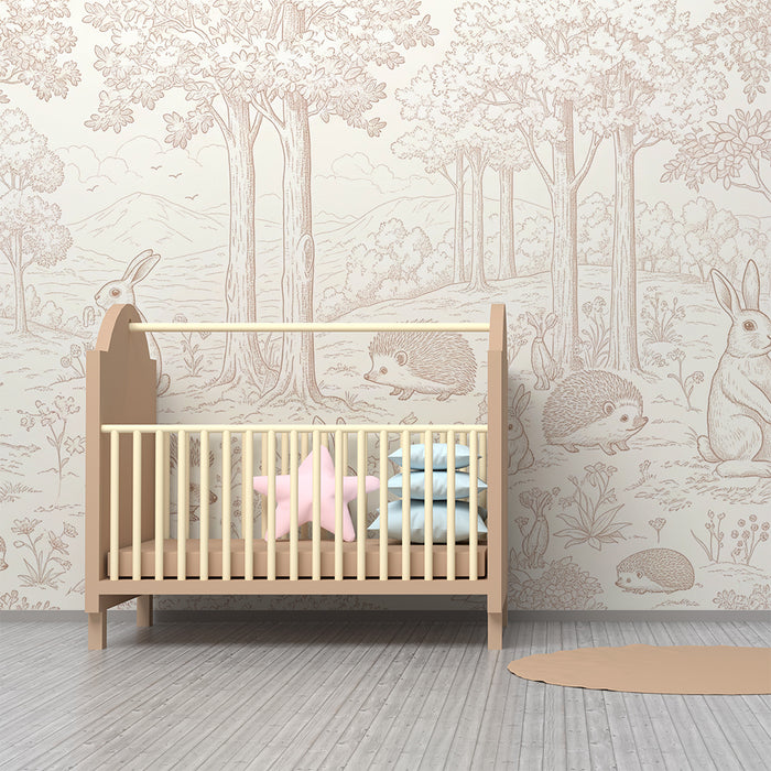 Papier peint chambre bébé | Doux lapins et hérissons dans un paysage naturel