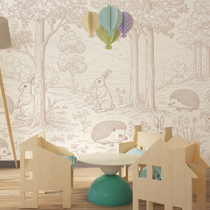 Papier peint chambre bébé | Doux lapins et hérissons dans un paysage naturel