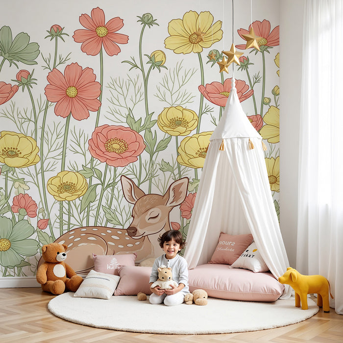 Lastenhuoneen tapetti | Lempeä kettu ja värikkäät kukat