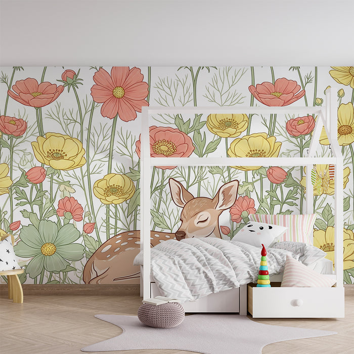 Lastenhuoneen tapetti | Lempeä kettu ja värikkäät kukat