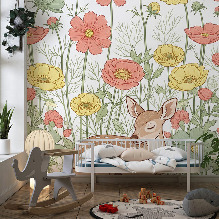 Lastenhuoneen tapetti | Lempeä kettu ja värikkäät kukat