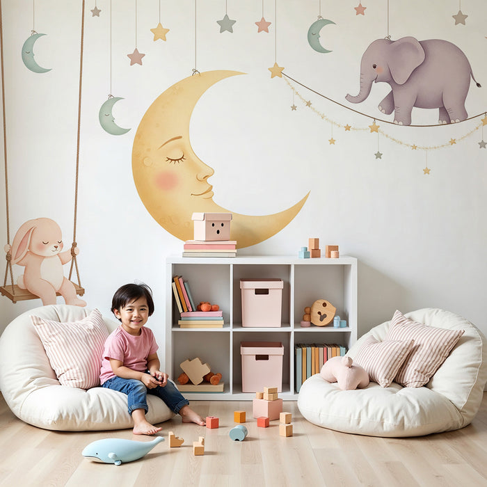 Papel pintado infantil | Dulces sueños con un elefante y un conejo en un columpio
