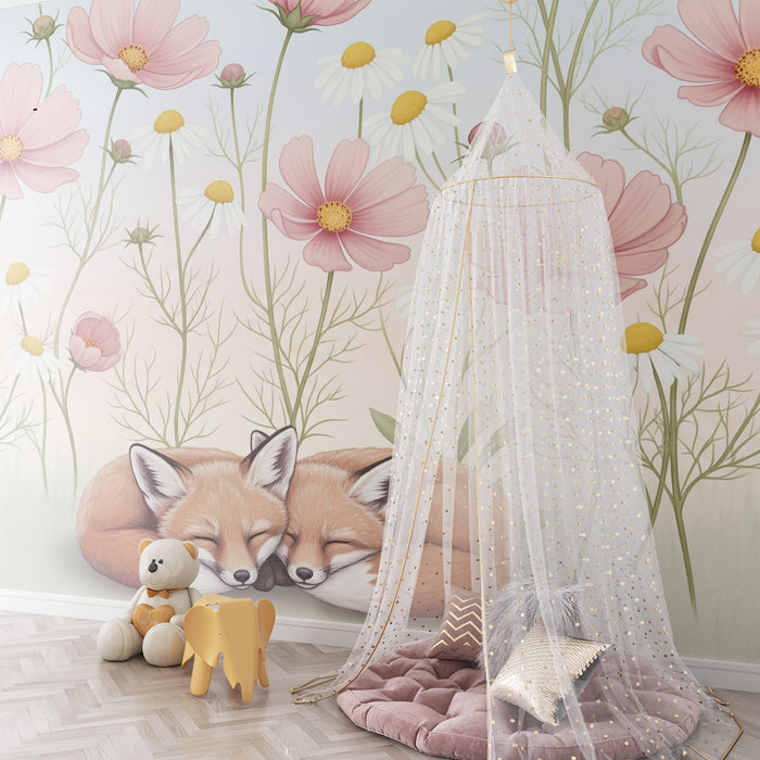 Papel de parede quarto bebê | Dvojni lisjaki med cvetjem