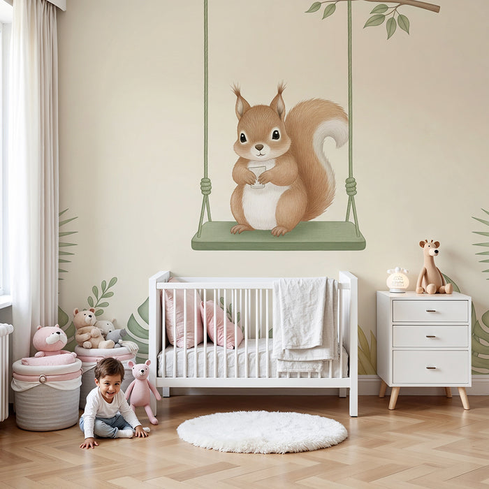 Nursery room wallpaper | Charming squirrel on a swing