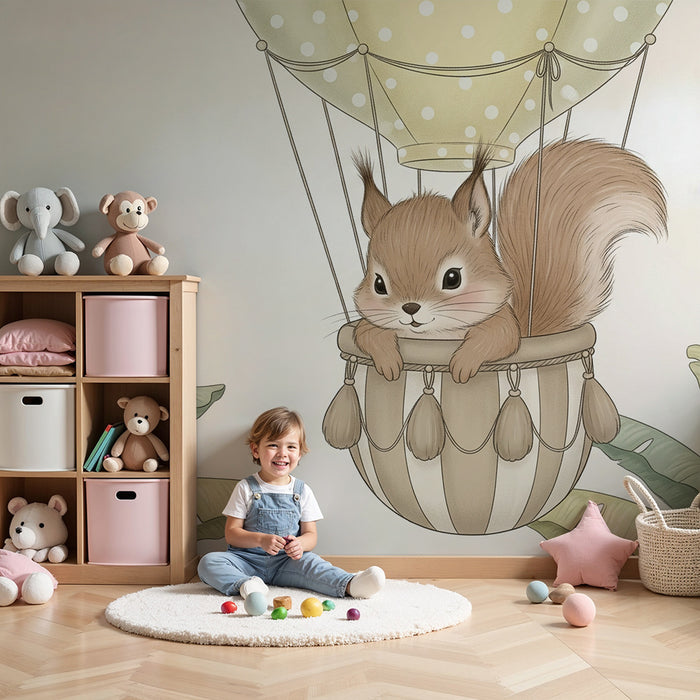 Papier peint chambre bébé | Ecureuil dans un ballon dirigeable