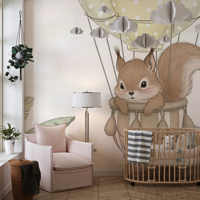 Papier peint chambre bébé | Ecureuil dans un ballon dirigeable