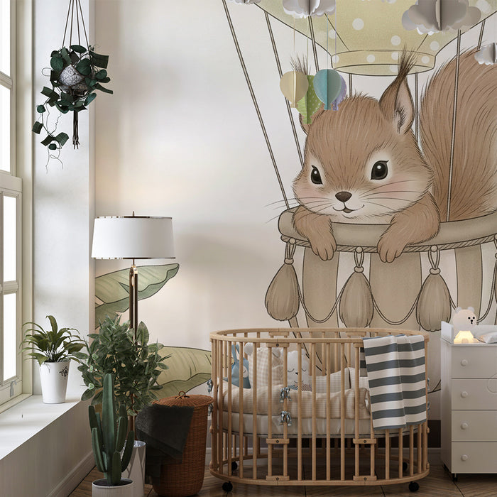 Papier peint chambre bébé | Ecureuil dans un ballon dirigeable