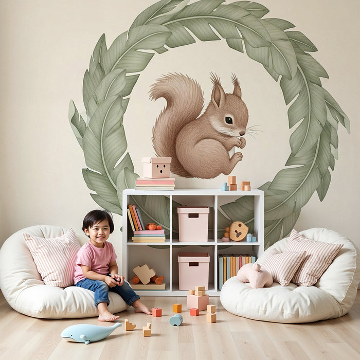 Babykamer behang | Eekhoorn in een bladeren frame