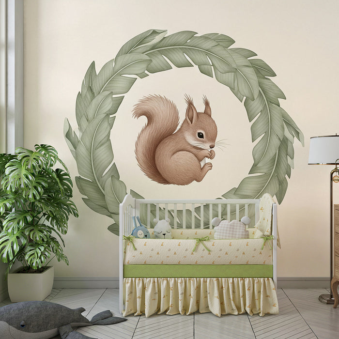 Babykamer behang | Eekhoorn in een bladeren frame
