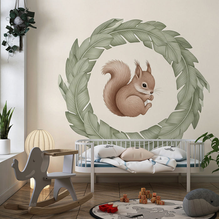 Babykamer behang | Eekhoorn in een bladeren frame