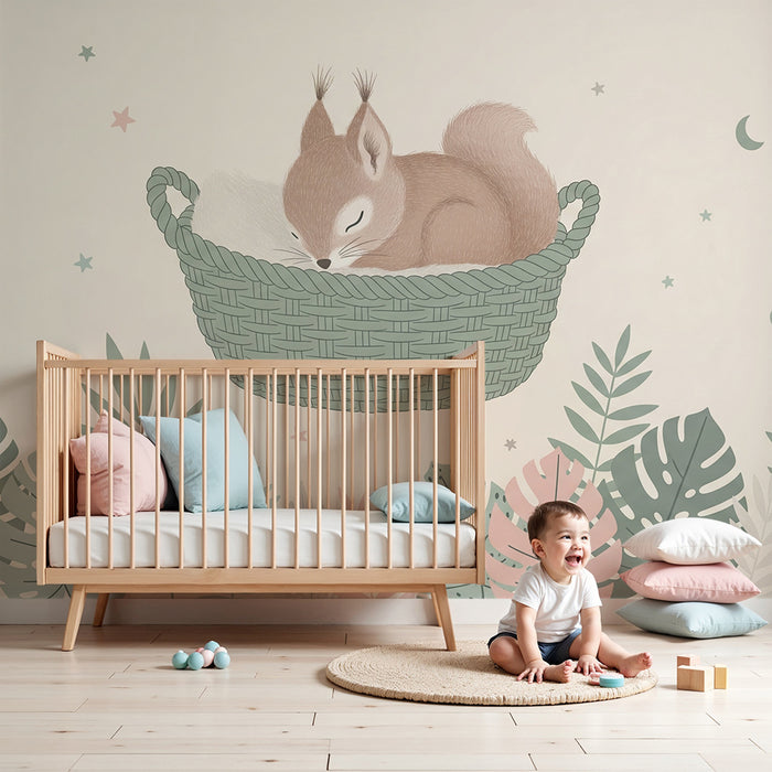 Papel de parede quarto bebê | Esquilo dormindo em sua cesta