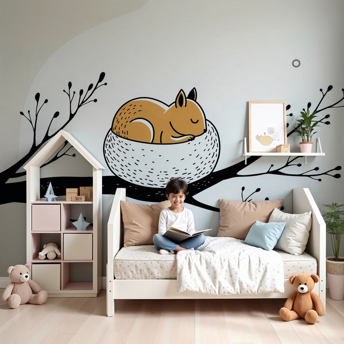 Papier peint chambre bébé | Écureuil endormi dans un nid