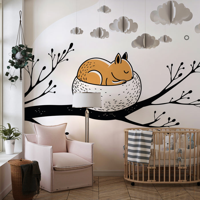 Papier peint chambre bébé | Écureuil endormi dans un nid