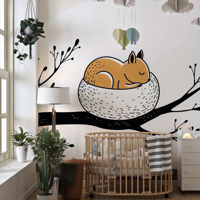 Papier peint chambre bébé | Écureuil endormi dans un nid