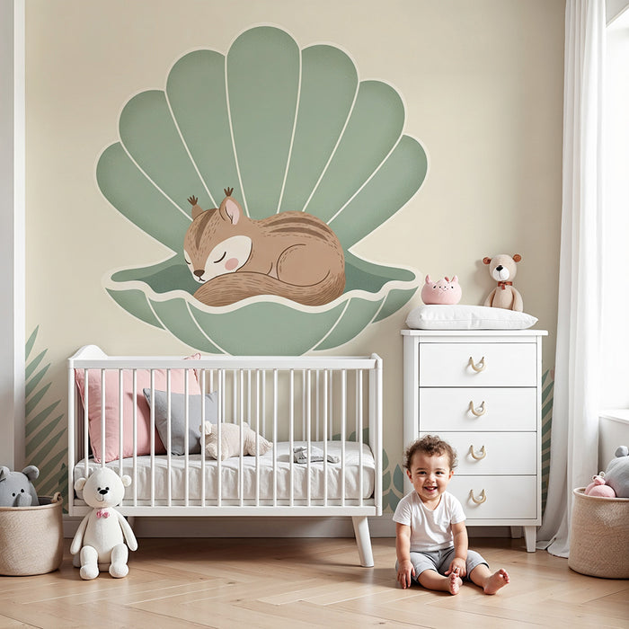 Babykamer behang | Slapende eekhoorn in een schelp