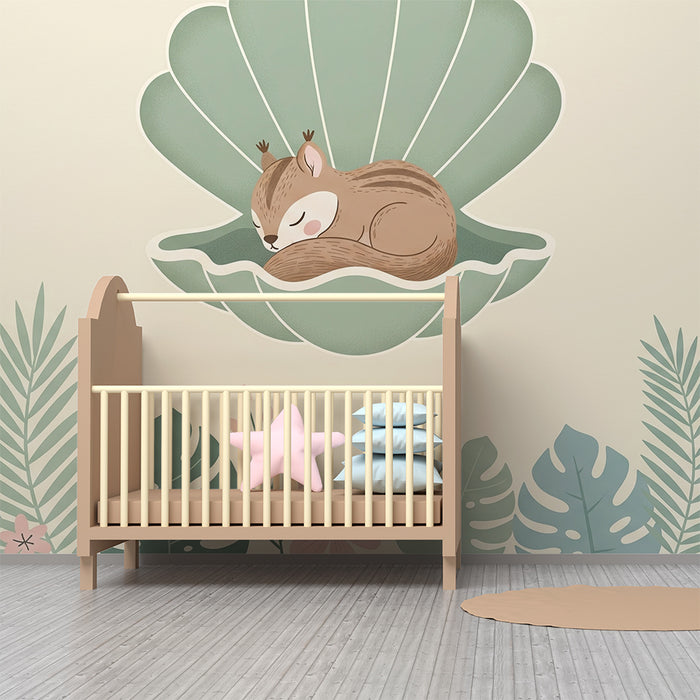 Babykamer behang | Slapende eekhoorn in een schelp