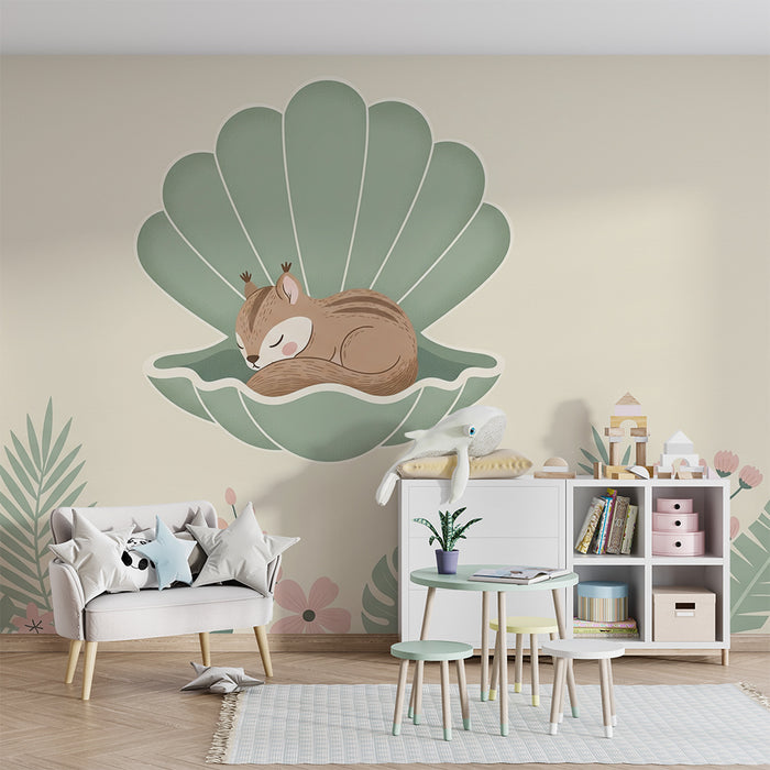Babykamer behang | Slapende eekhoorn in een schelp