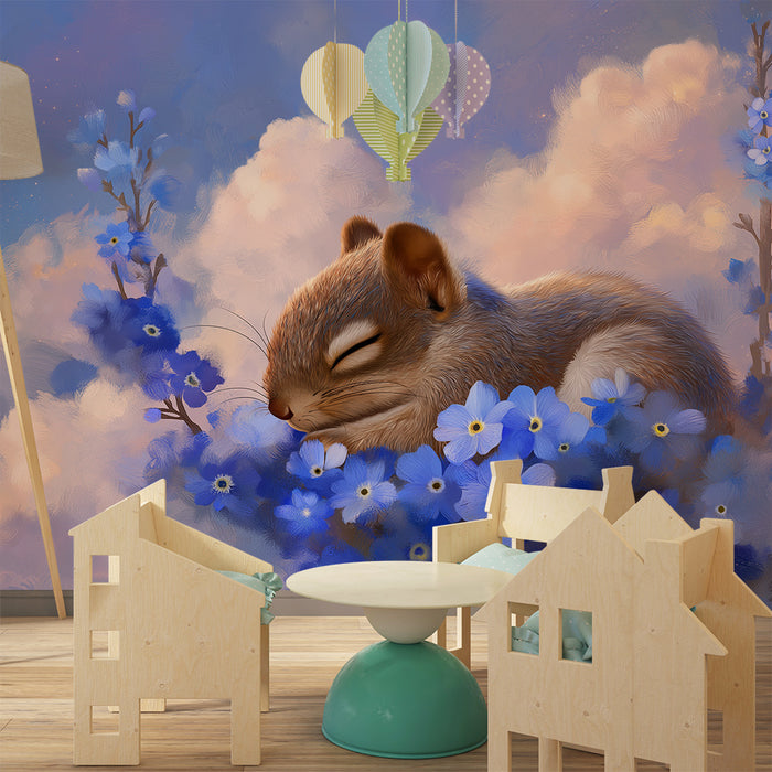 Lastenhuoneen tapetti | Nukkuva orava sinisten kukkien keskellä