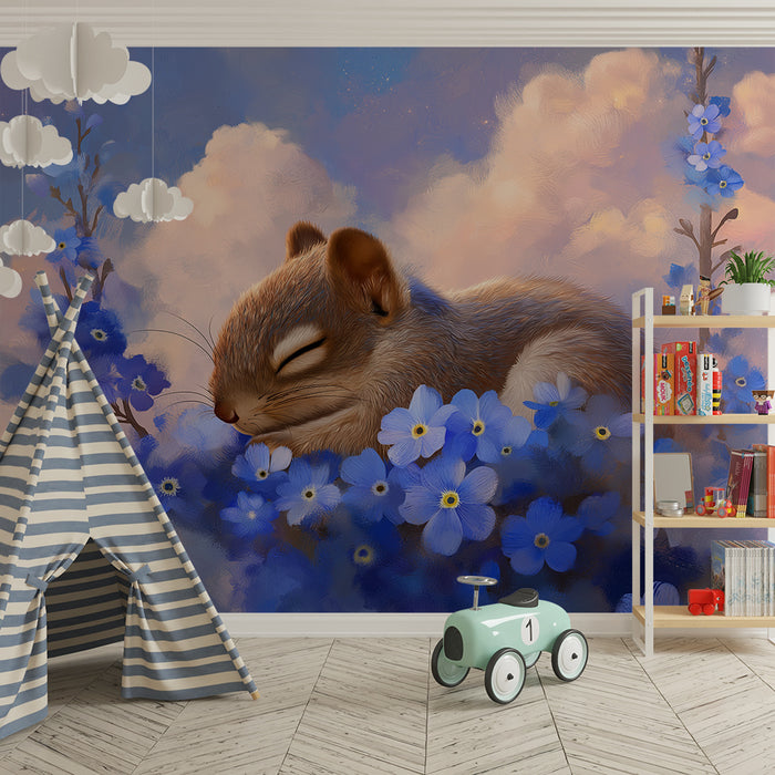Lastenhuoneen tapetti | Nukkuva orava sinisten kukkien keskellä