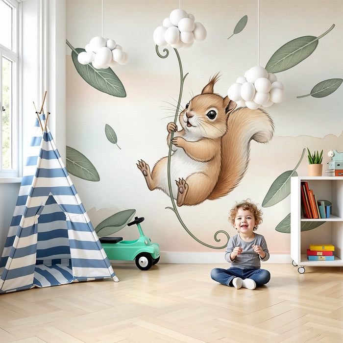 Nursery room wallpaper | Playful squirrel and delicate leaves