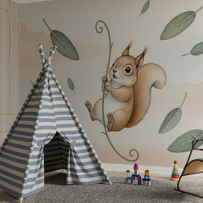 Nursery room wallpaper | Playful squirrel and delicate leaves