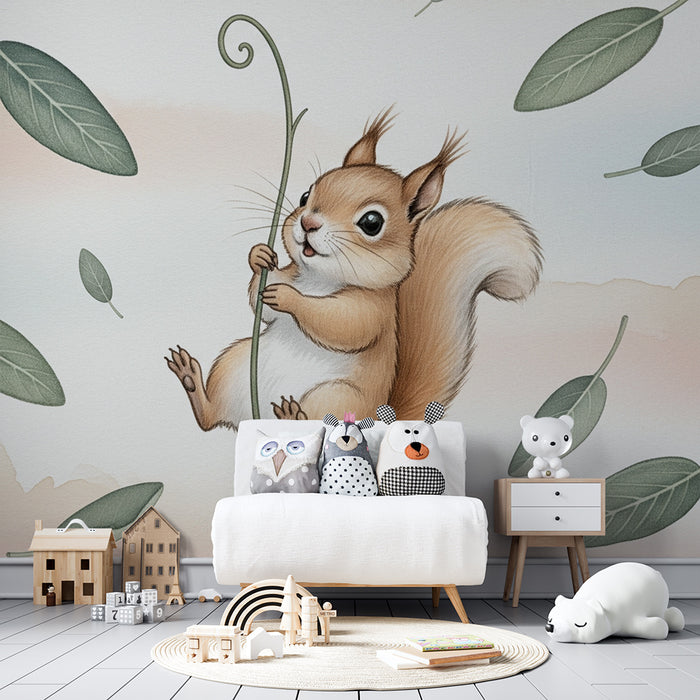 Nursery room wallpaper | Playful squirrel and delicate leaves