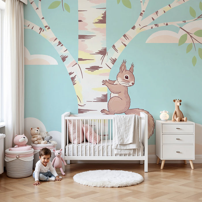 Nursery room wallpaper | Playful squirrel on a tree with blue sky and soft clouds