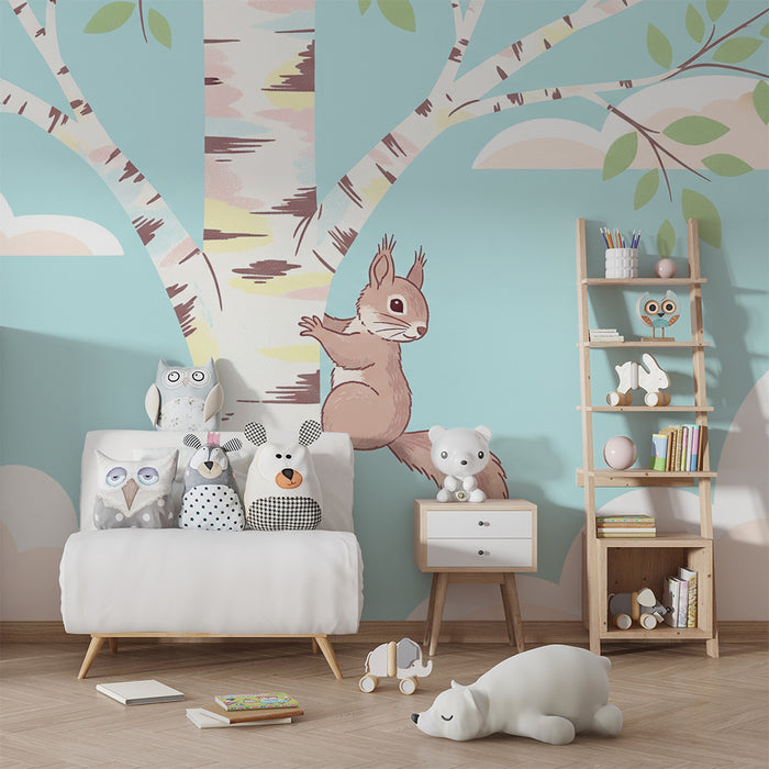 Nursery room wallpaper | Playful squirrel on a tree with blue sky and soft clouds
