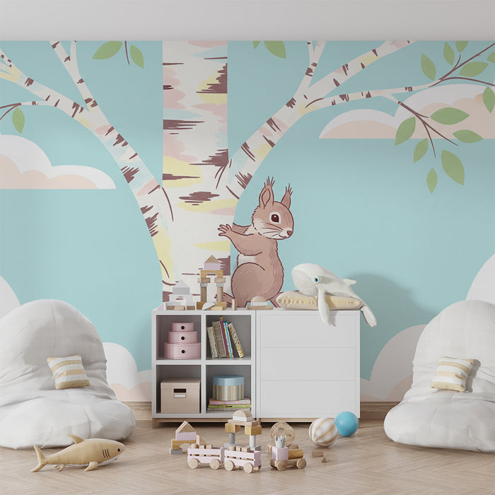 Nursery room wallpaper | Playful squirrel on a tree with blue sky and soft clouds