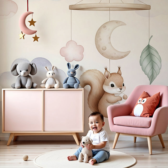 Babykamer behang | Eekhoorn en zachte wolken